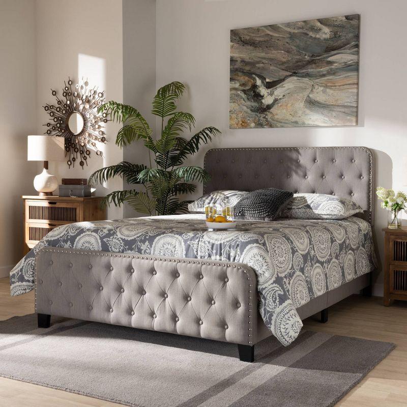 Queen Gray Upholstered Wood Frame Bed with Tufted Headboard