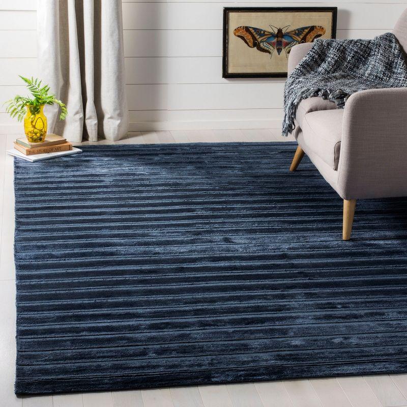 Navy Blue Hand-Knotted Wool and Viscose Area Rug