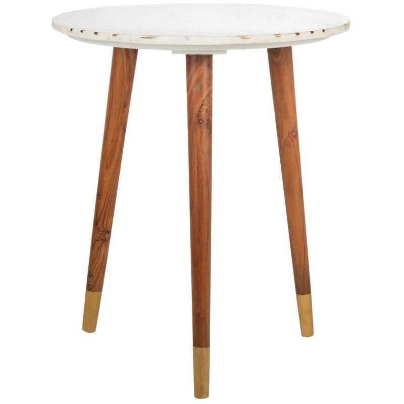 Transitional Round Wood & Stone Accent Table with Brass Inlay