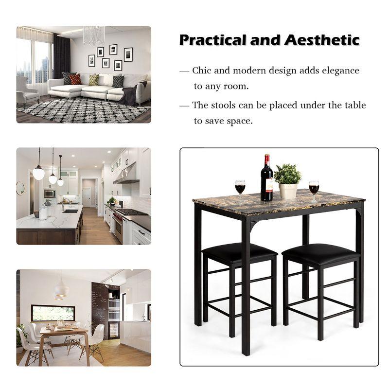 Costway 3 Piece Counter Height Dining Set Faux Marble Table 2 Chairs Kitchen Bar White/Black/Brown