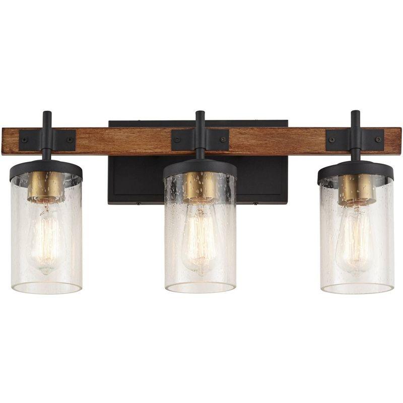 Possini Euro Design Kata Farmhouse Rustic Wall Light Black Faux Wood Hardwire 22" 3-Light Fixture Clear Seeded Cylinder Glass for Bedroom Bathroom