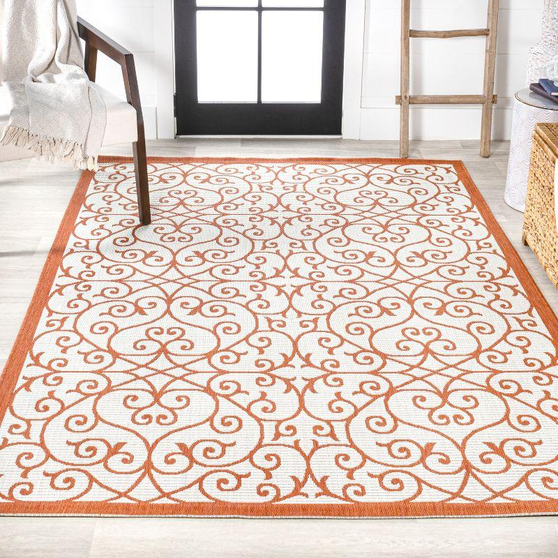 4' x 6' Madrid Vintage Filigree Textured Weave Indoor/Outdoor Area Rug, Cream/Orange - JONATHAN Y