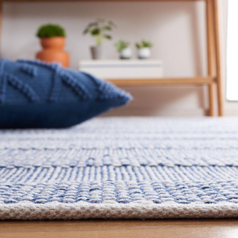 Ivory and Blue Striped Wool Cotton Area Rug