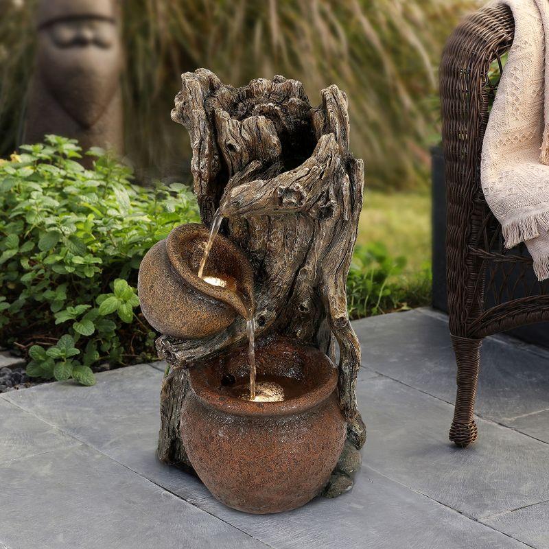 LuxenHome Brown Resin Tree Farmhouse Pots Outdoor Fountain with Lights