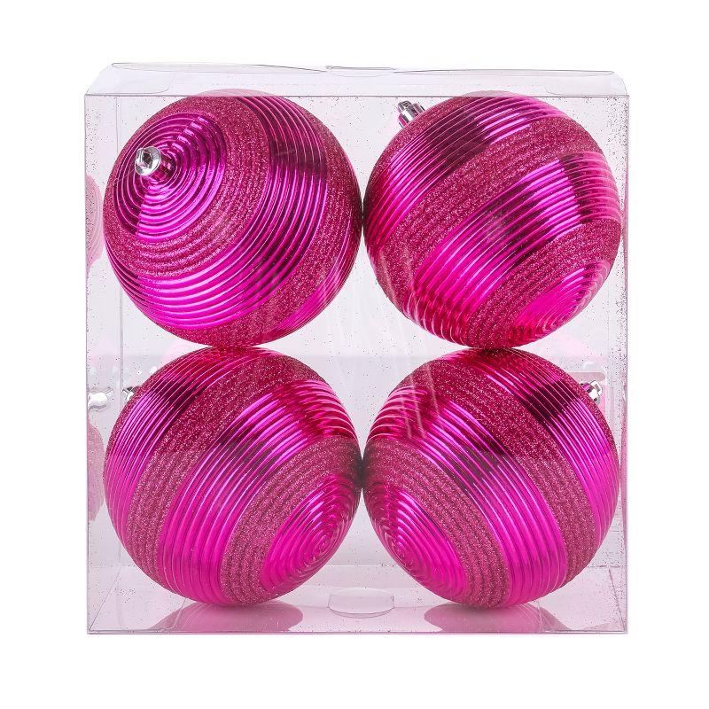 National Tree Company First Traditions Christmas Tree Ornaments, Hot Pink with Glitter Stripes, Set of 4