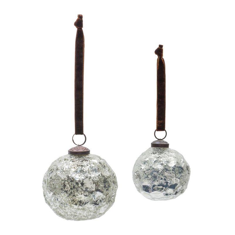 Silver Mercury Glass Ball Ornaments Set with Velvet Ribbon