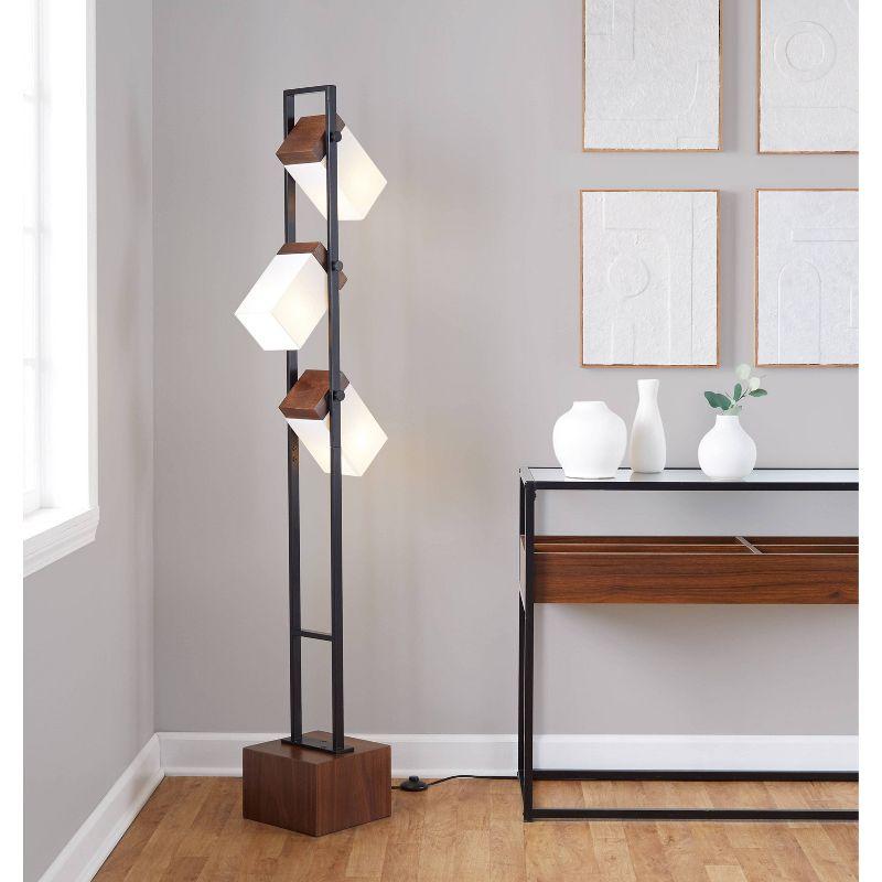 LumiSource Bento 67.5" Contemporary Metal Floor Lamp in Black Metal and Walnut Wood with White Shade: UL Listed, 3-Head, Linen Shade