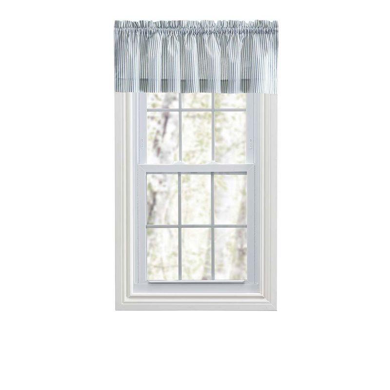 Ellis Curtain Plaza Classic Ticking Stripe Printed on Natural Ground 1.5" Rod Pocket Tailored Valance 58" x 15" Blue