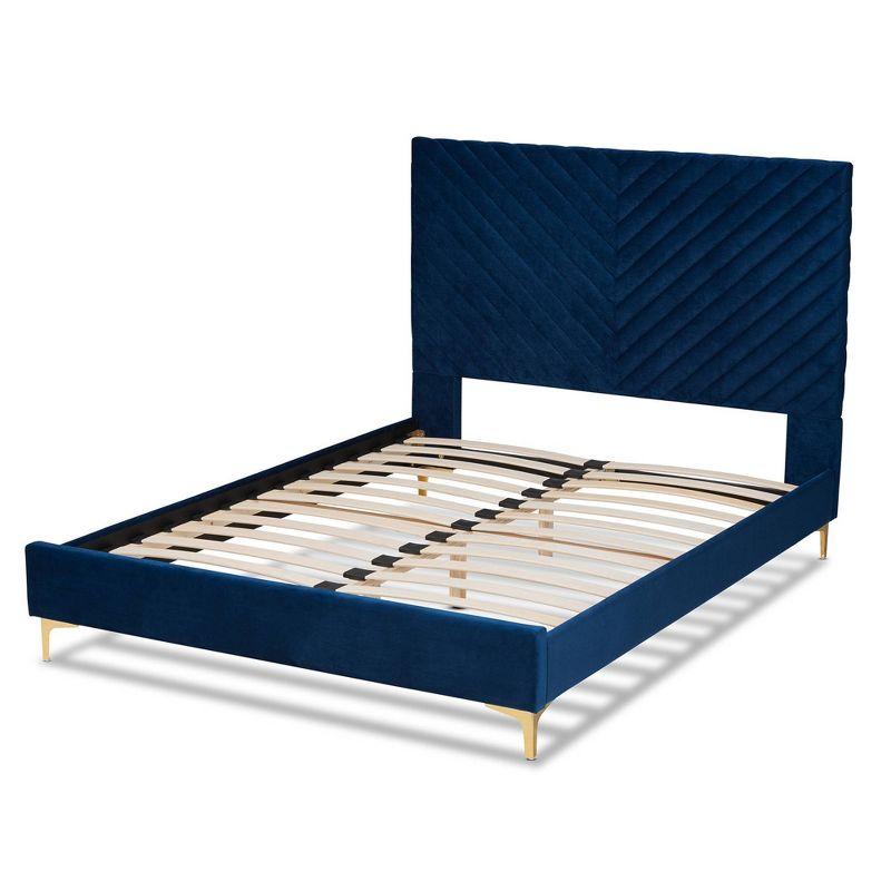 King Fabrico Velvet Fabric Upholstered and Metal Platform Bed Navy Blue/Gold - Baxton Studio
