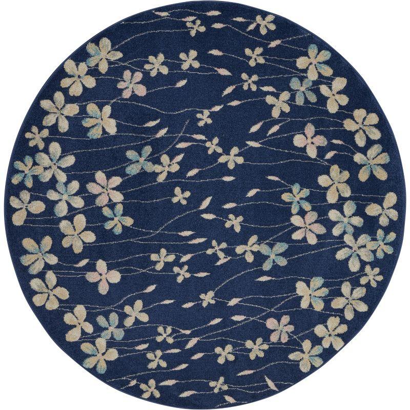 Handmade Navy Floral Viscose Round Area Rug, 63" Diameter