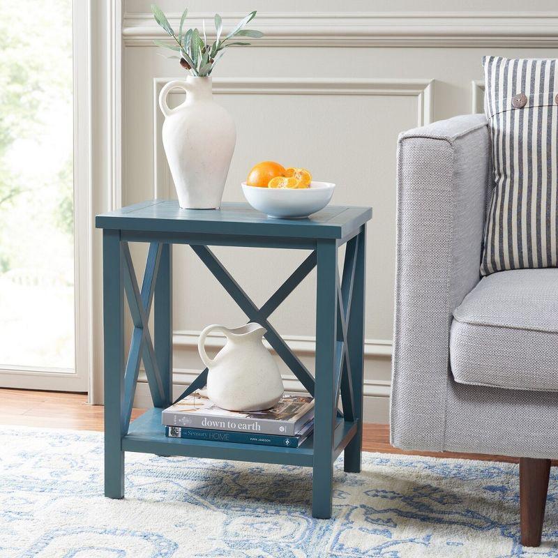 Transitional Teal Wood and Stone Rectangular End Table