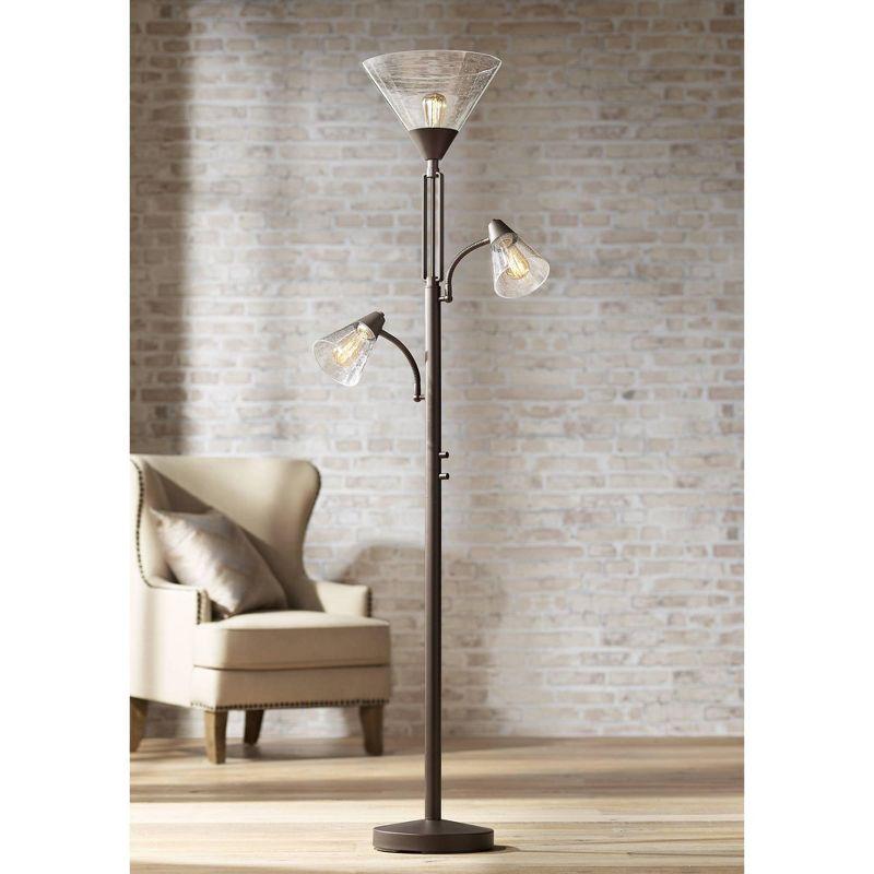 Franklin Iron Works Warwick Industrial Torchiere Floor Lamp with Side Lights 71 1/2" Tall Tiger Bronze LED Clear Seedy Glass for Living Room Reading