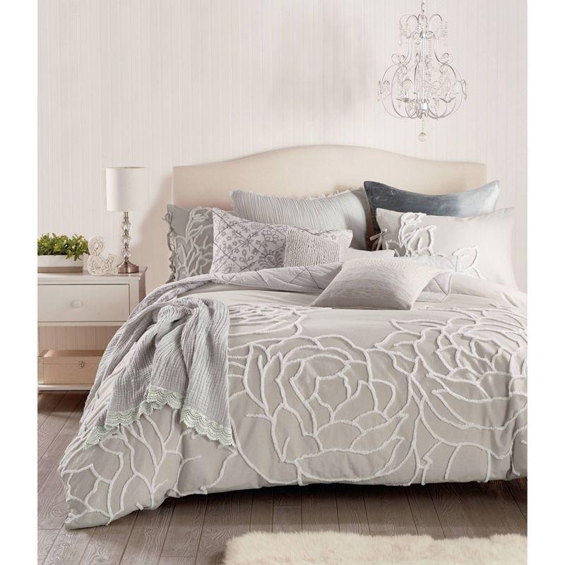 Full Gray Cotton Chenille Rose Comforter Set