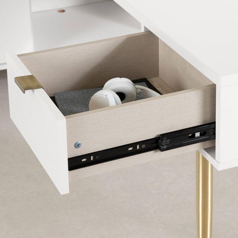 South Shore Koryn Desk Pure White: L-Shaped, Power Bar, Lockable File Drawer, Brass Legs