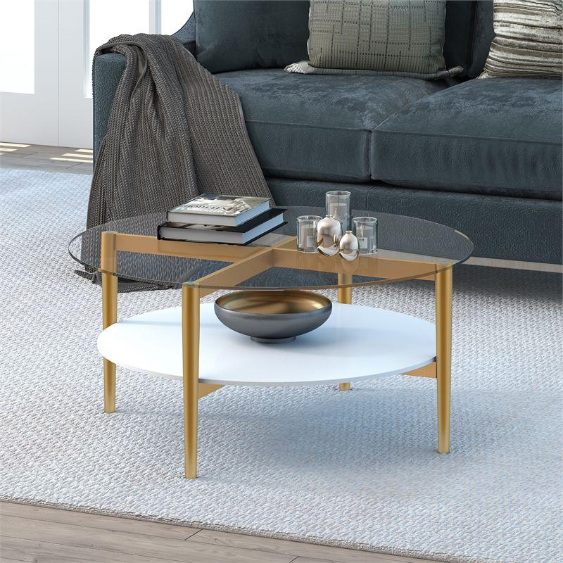 Mid-Century Brass and White Lacquer Round Coffee Table with Glass Top