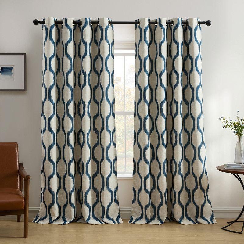Renzo Ikat Geometric Linen Room Darkening Single Window Curtain Panel - 52" x 95" - Indigo - Elrene Home Fashions