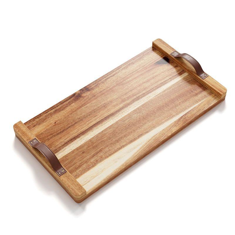 American Atelier Acacia Wood Rectangular Tray with Leather Handles, Serving Platters, Wooden Board for Cheese, Meats, Snack or Charcuterie, 18” x 9”