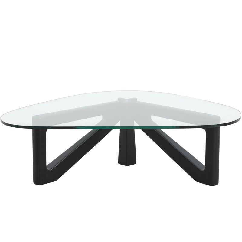 LeisureMod Imperial Collection Triangular Glass Top Coffee Table with Glossy Ash Wood Base for Home, Living Room, Office