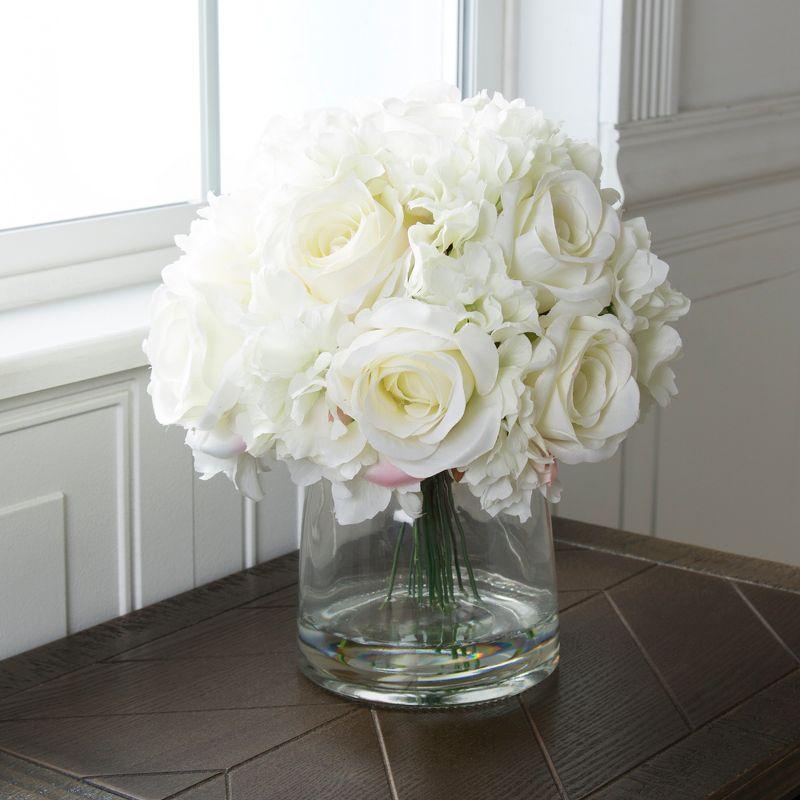 Floral Arrangement with Vase - Realistic Accent with 10 Hydrangeas and 11 Roses in Clear Glass Container with Faux Water by Pure Garden (Cream)