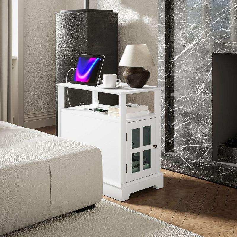 White Wooden End Table with Charging Station and Storage