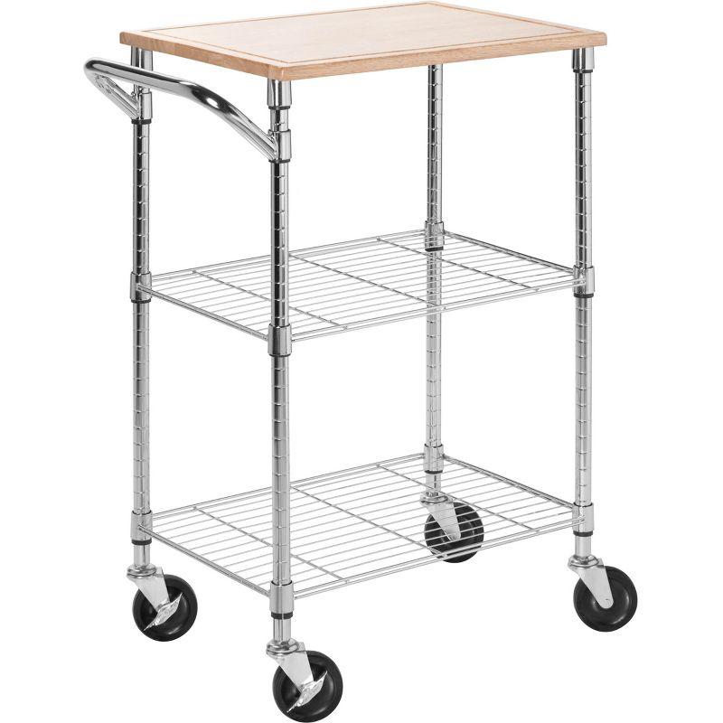 Chrome and Wood Rolling Kitchen Cart with Cutting Board