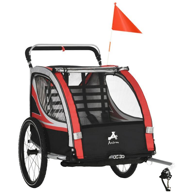 Aosom 3-in-1 Walk/Jog/Ride Child Baby Bike Trailer for Kids 2 Seater, Bike Stroller for Toddler Wagon, Double Bicycle Trailer Accessory for Kids, Red