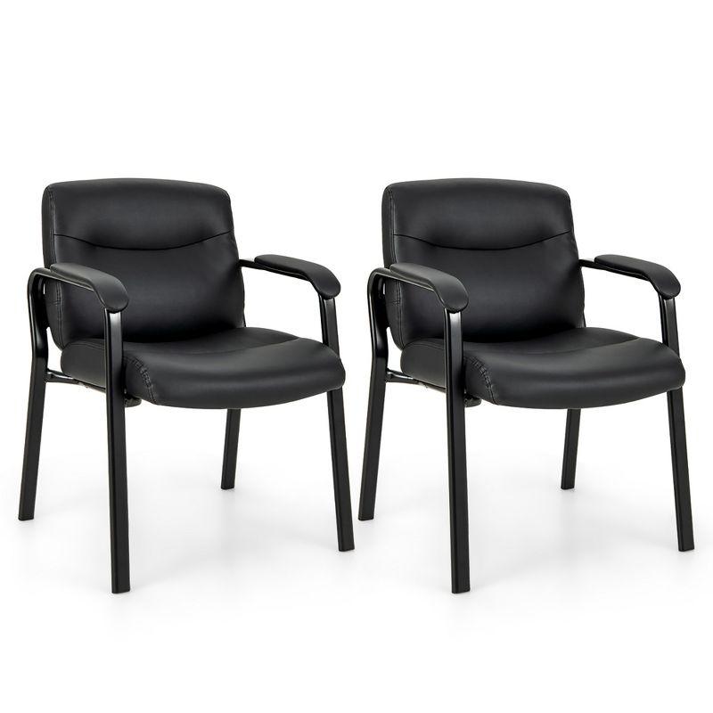 Black Leather and Metal Office Guest Chairs with Fixed Arms, Set of 2