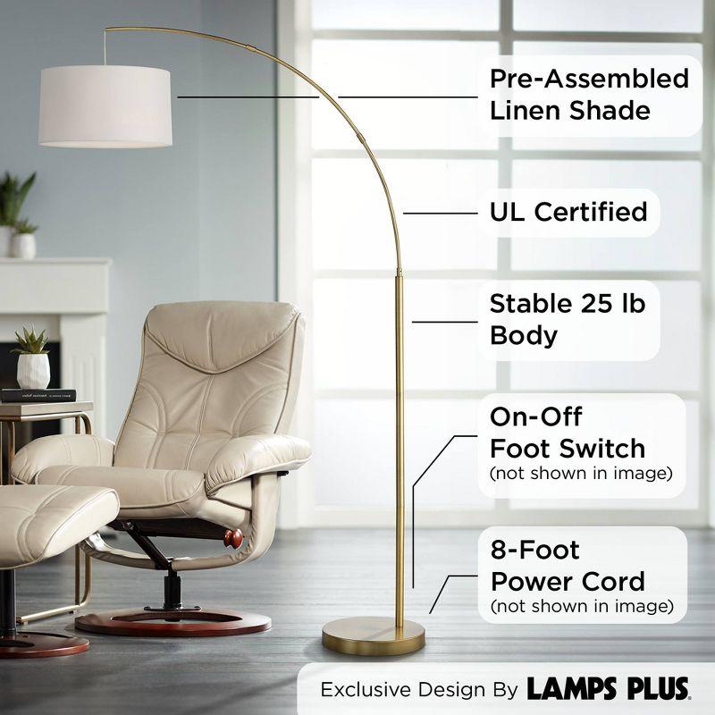 360 Lighting Cora Modern Arc Floor Lamp Standing 72" Tall Brass Metal White Linen Drum Shade Decor for Living Room Reading Bedroom Office House Home