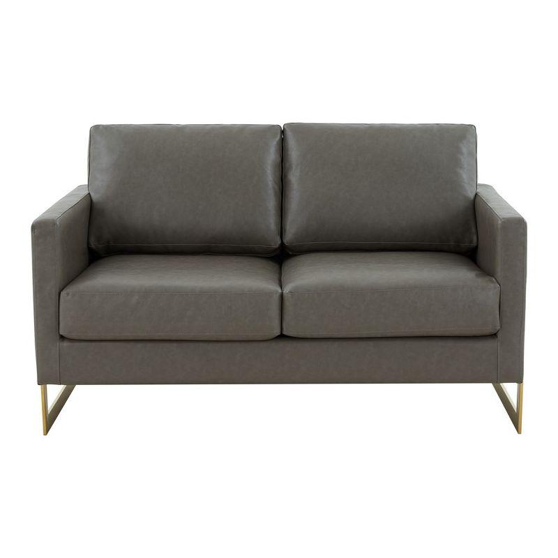 LeisureMod Lincoln Mid-Century Modern Upholstered Faux Leather Loveseat with Gold Frame in Grey