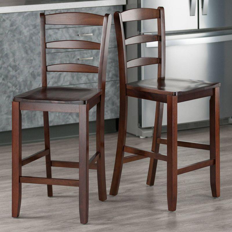 Set of 2 Ladder Back 24" Counter Height Barstool Hardwood/Walnut - Winsome: Solid Wood, Unupholstered, Antique Finish