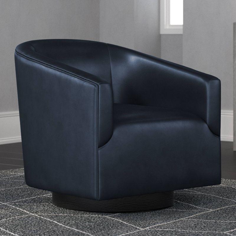 Comfort Pointe Gaven Wood Base Swivel Accent Chair Midnight Blue: Durable Faux Leather, 360° Swivel, No-Sag Springs