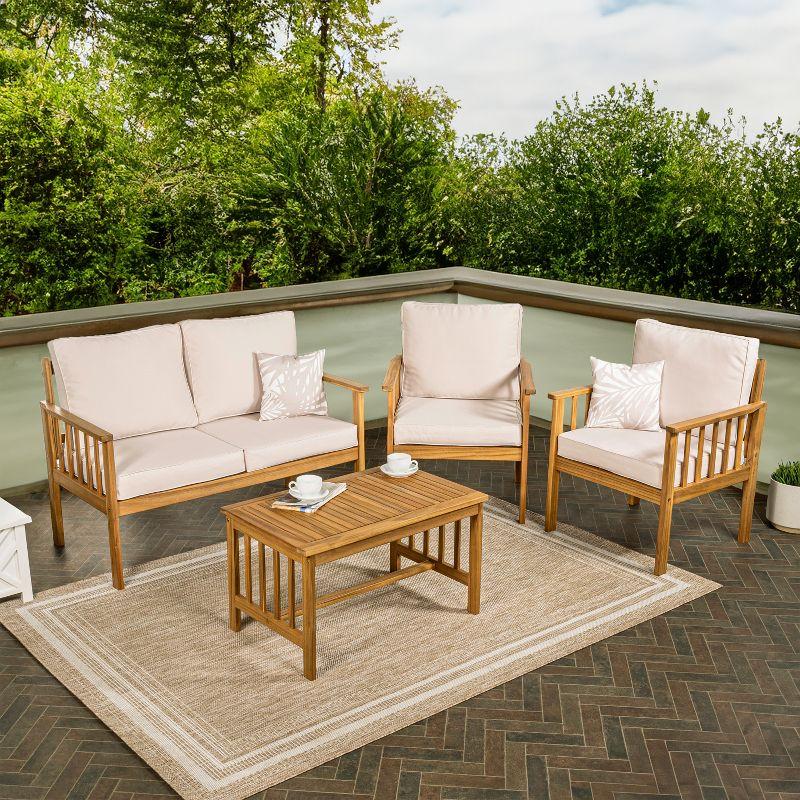 Everly 4-Piece Modern Cottage Acacia Wood Outdoor Patio Set with Cushions and Tropical Decorative Pillows - JONATHAN Y