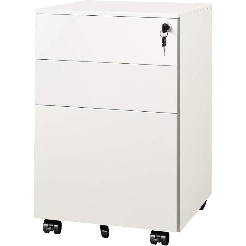Locking File Cabinet, 3 Drawer Rolling Pedestal Under Desk Office, Fully Assembled Except Casters, White