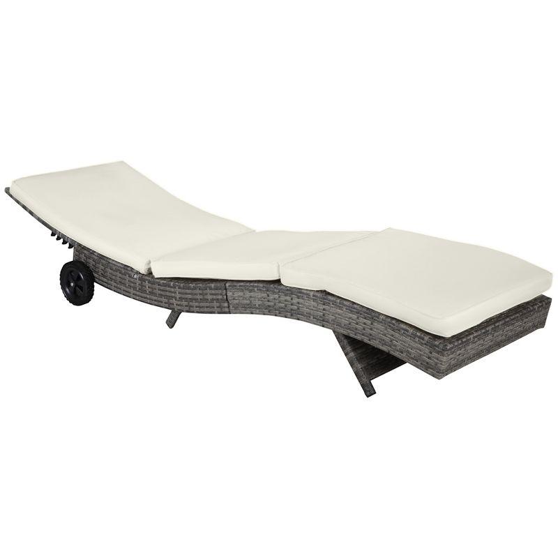 Outsunny Patio Wicker Chaise Lounge Chair, Outdoor PE Rattan Sun lounger w/ 5-Level Adjustable Backrest & 2 Wheels for Easy Movement, Off-white