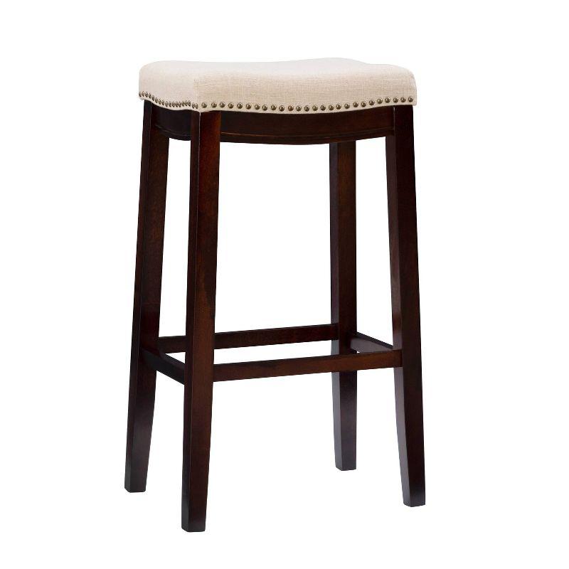 Linon Claridge Backless Nailhead Saddle Barstool Linen: Upholstered, Rubberwood Legs, Fixed Height 32.25"