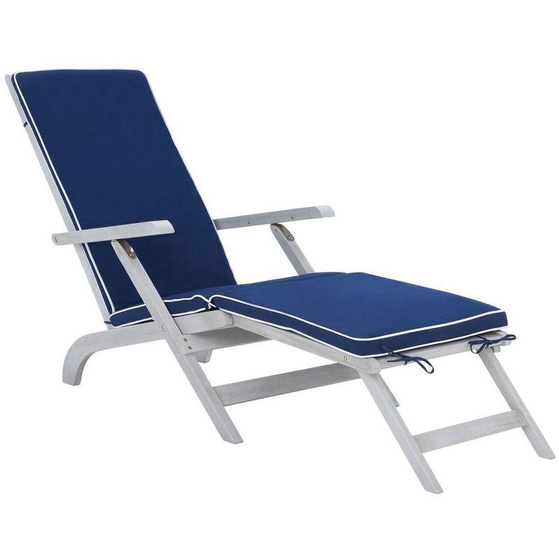 Elegant Oceanliner Inspired Acacia Wood Lounge Chair with Navy Cushion