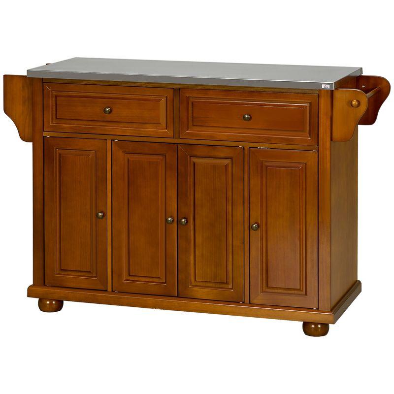 HOMCOM Triple-Cabinet Double-Drawer Kitchen Island with Storage, Butcher Block Island with Stainless Steel Top, Spice & Towel Rack, Brown Wood Finish