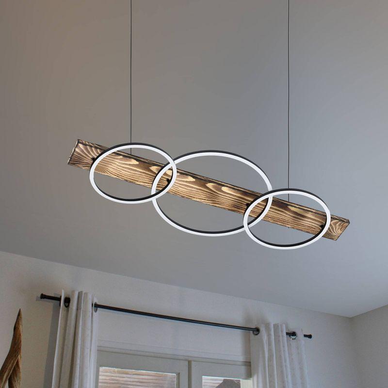 3-Light Boyal Integrated LED Pendant Brushed Pine Wood Finish with Black Structured Shade - EGLO: Vintage Style, Adjustable, Dimmable