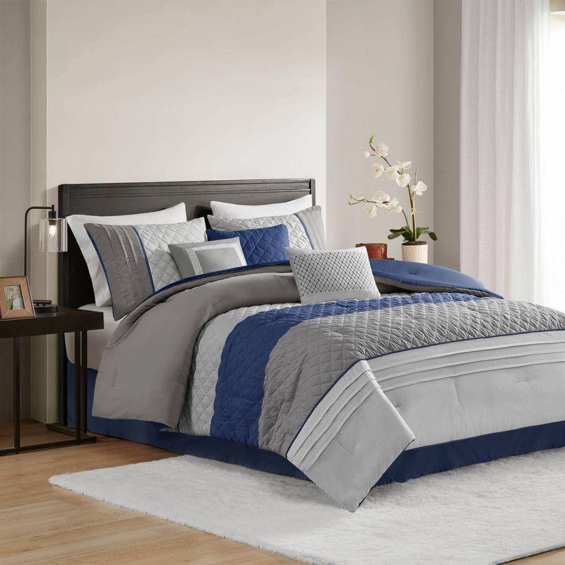 Madison Park Jenson 7 Piece Color Block Stripe Comforter Set with Throw Pillows