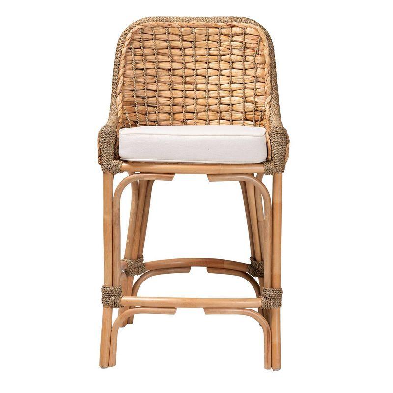 Kyle Modern Bohemian Natural Brown Woven Rattan and Mahogany Wood Counter Stool with Cushion