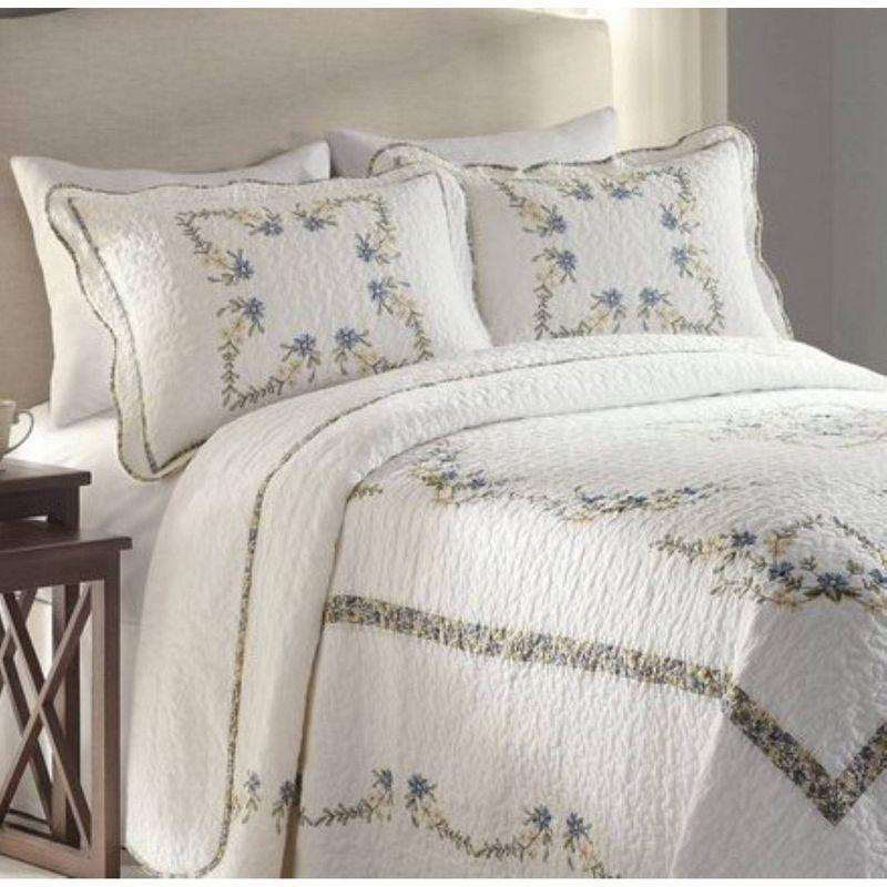 Heather Blue Cotton Full Floral Bedspread