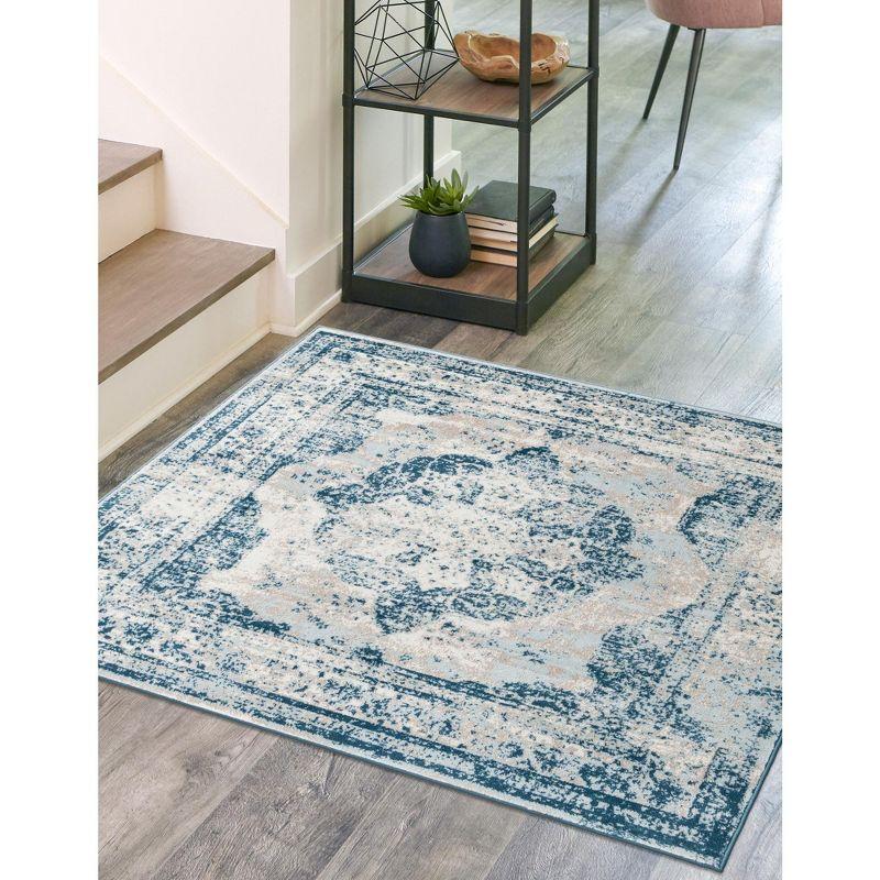 Sofia Medallion Square Stain-Resistant Easy Care Rug in Blue