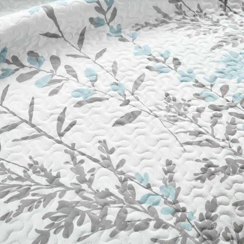 Blue and Gray Reversible Floral Microfiber Full Quilt Set