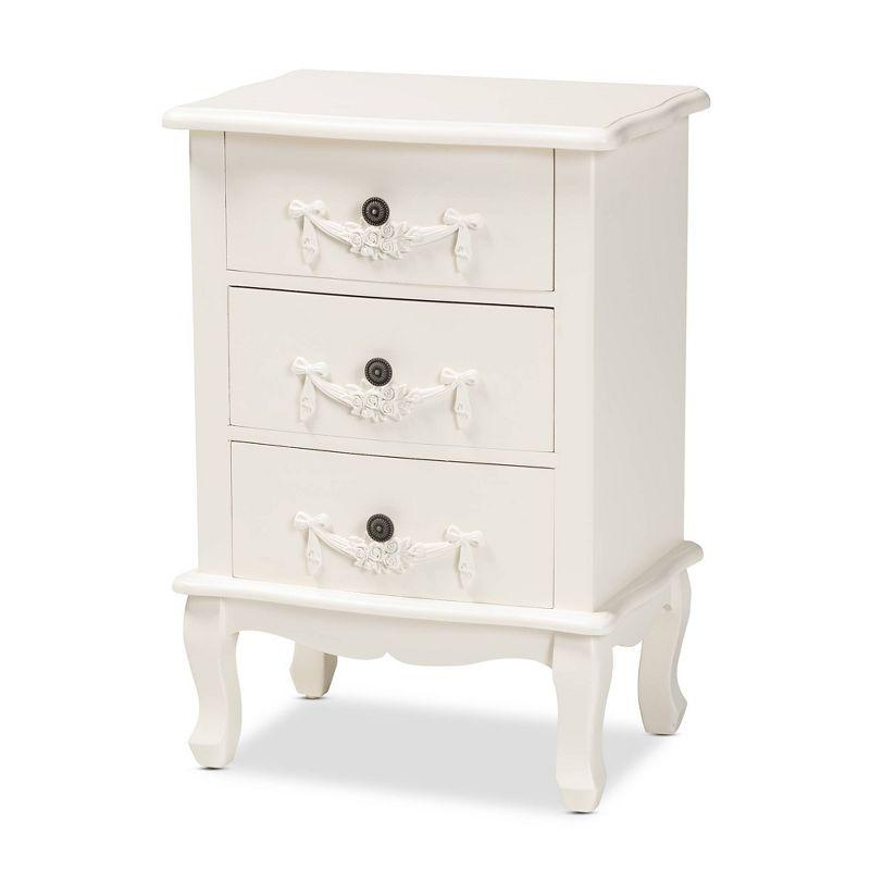 Callen Traditional White 3-Drawer Wood Nightstand with Floral Moldings