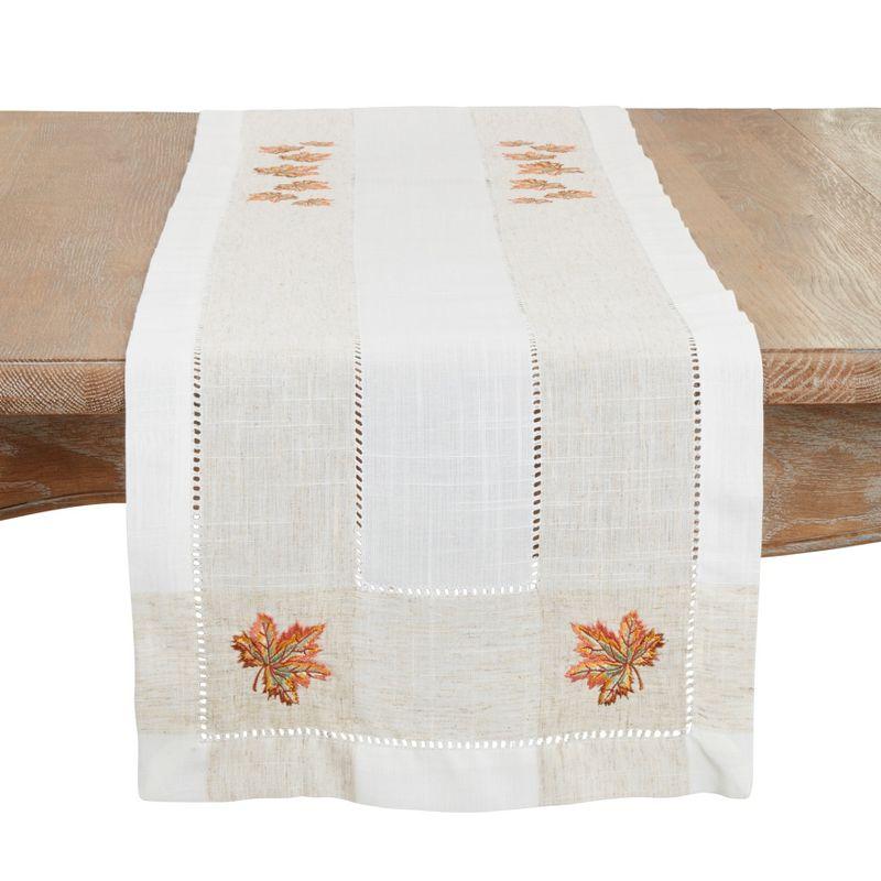 Embroidered Beige and Tan Floral Table Runner with Hemstitch, 15" x 70"