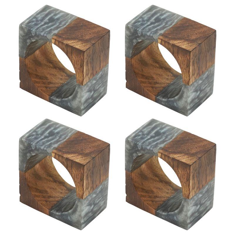 Gray Mango Wood and Resin Square Napkin Rings, Set of 4