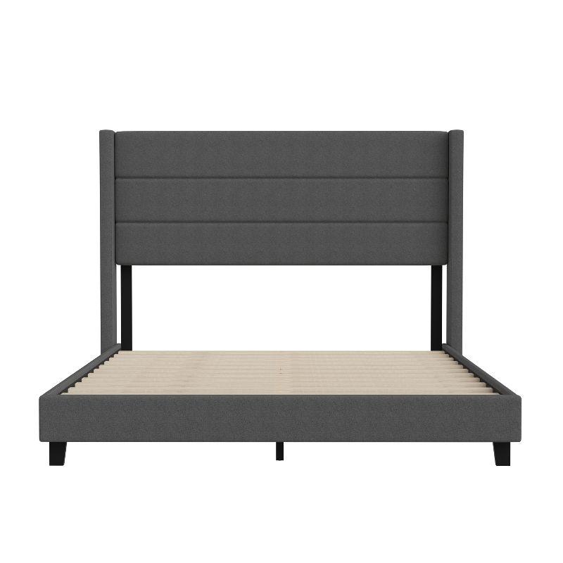 Merrick Lane Modern Queen Platform Bed with Padded Channel Stitched Charcoal Faux Linen Upholstered Wingback Headboard and 6" Underbed Clearance