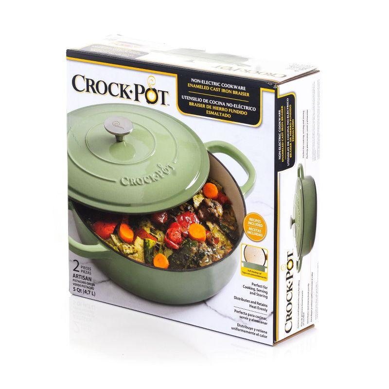 Crock-Pot Artisan 5 Quart Enameled Cast Iron Braiser Pan with Self Basting Lid in Green