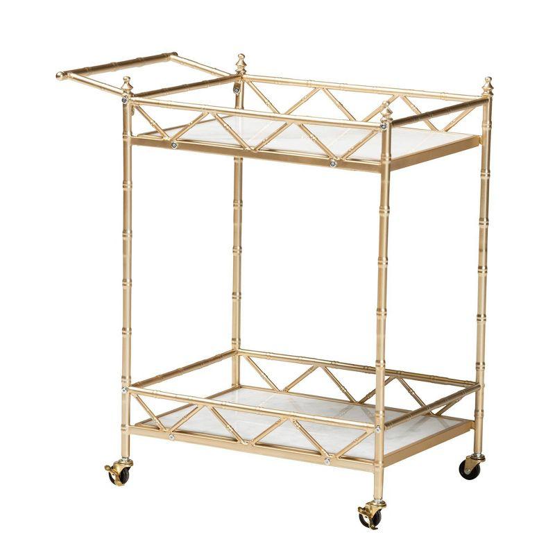 Mela Metal and Marble 2 Tier Wine Cart Gold/White Marble - Baxton Studio