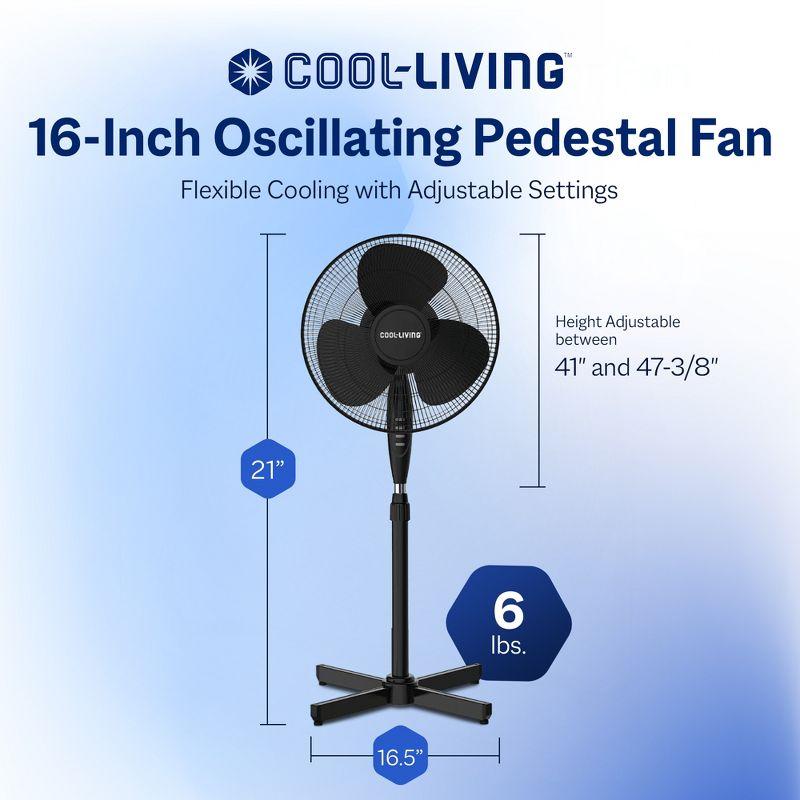 Cool-Living 16" Electric Oscillating Pedestal Fan with 3 Speed Options, 90-Degree Rotating Head, and Adjustable Height and Tilt, Black